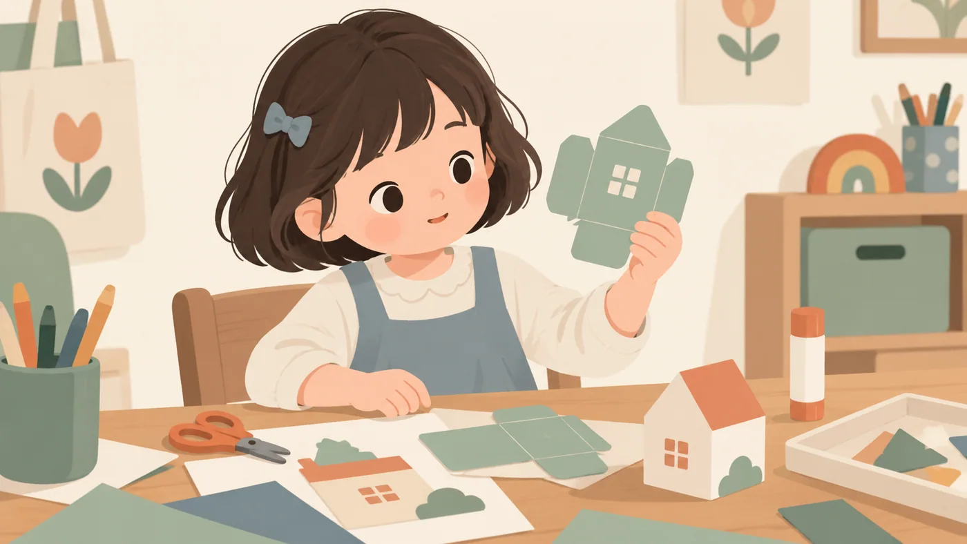 幼龄女孩拿着纸房子模板，桌面有完成的纸房子