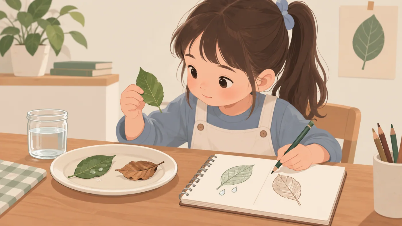 女孩一手拿叶片、一手拿笔对照画册，盘中有绿色与褐色叶片及水滴。