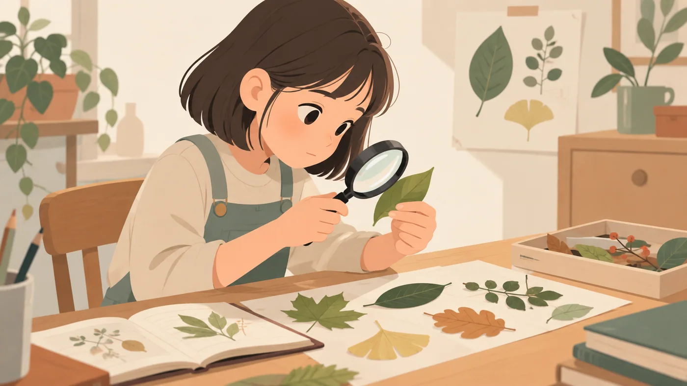 女孩独自在桌前用放大镜观察叶子,有参考图与材料,动作清楚、人物自然。