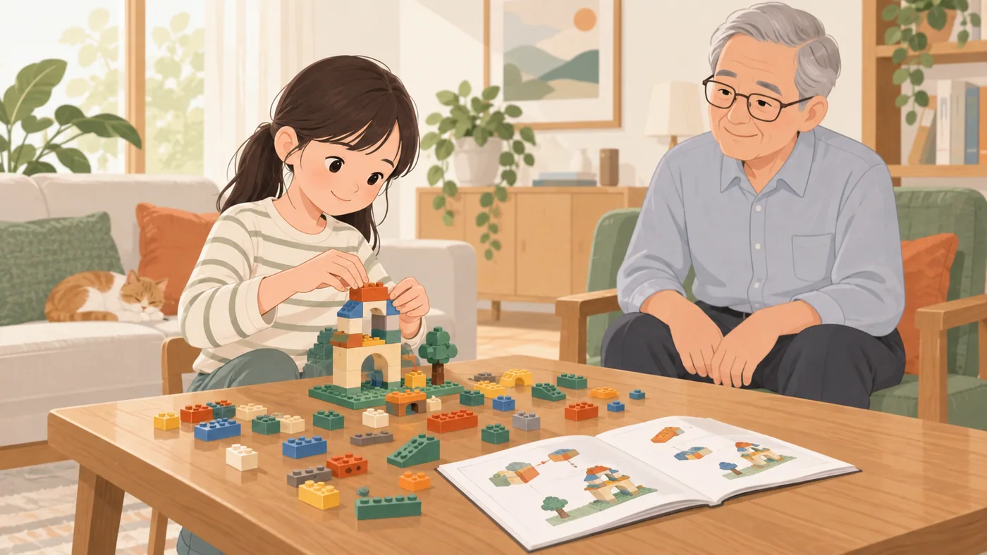 女孩在桌上拼搭塑料积木，灰发祖父坐在另一侧，双手放在膝上观察，桌上有图示说明书。