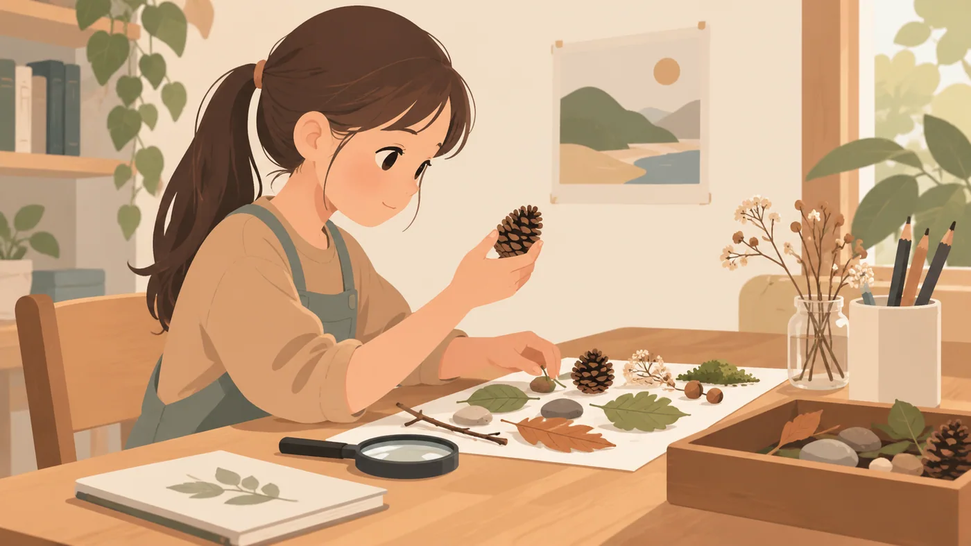 女孩坐在桌边举起松果观察,桌上摆着树叶、石头、放大镜和自然材料盒。