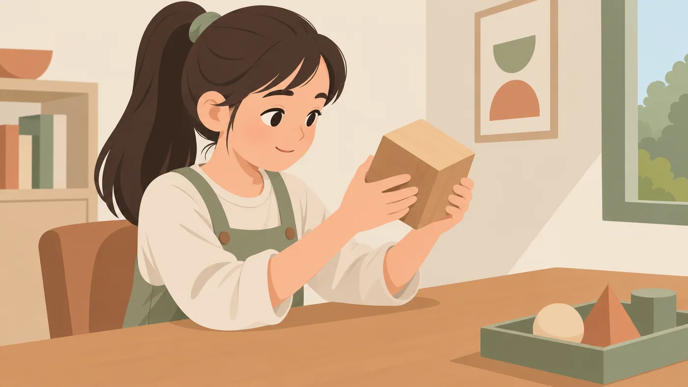 女孩坐在桌边用双手拿着木质立方体，旁边托盘放着球、锥和柱形积木。