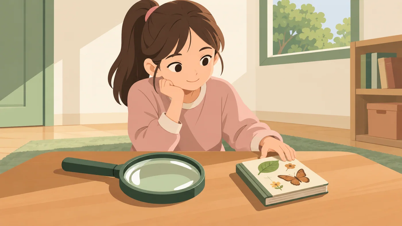 女孩独自坐在桌前看带植物与蝴蝶图案的书,旁边放着放大镜。