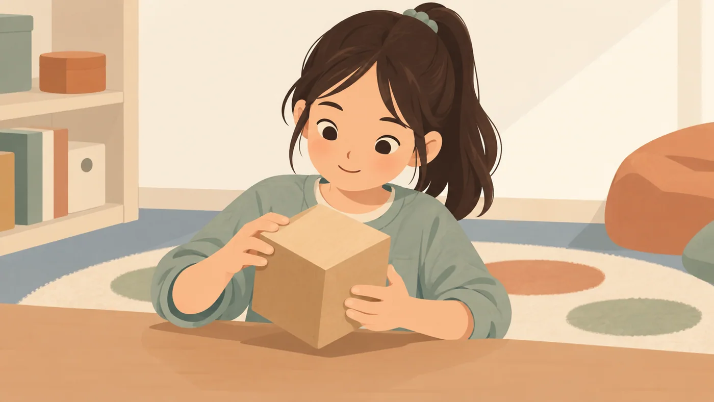 女孩坐在桌前，双手分别触摸一个木质立方体的上侧与侧面，并看着它