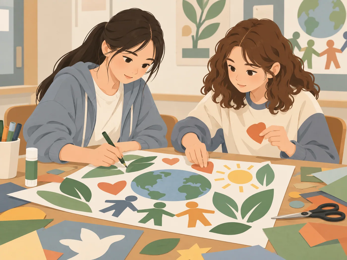 两名青少年女孩共同制作海报，一人绘制一人粘贴，合作动作清楚，双手自然。