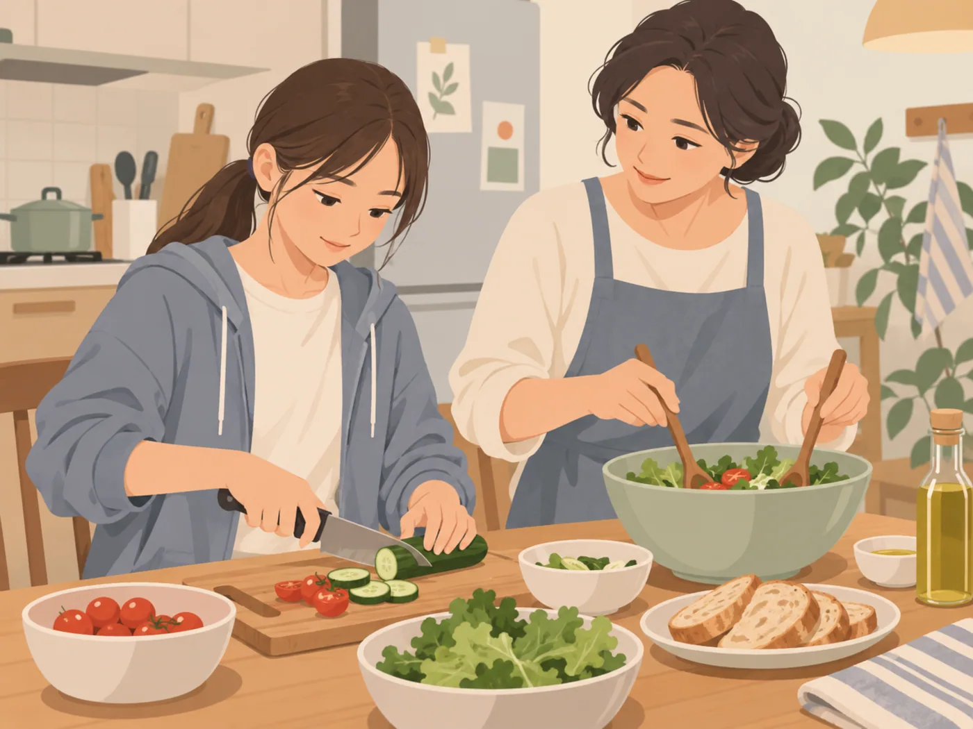 少女与母亲共同准备餐食,少女切黄瓜、母亲拌沙拉,双手自然