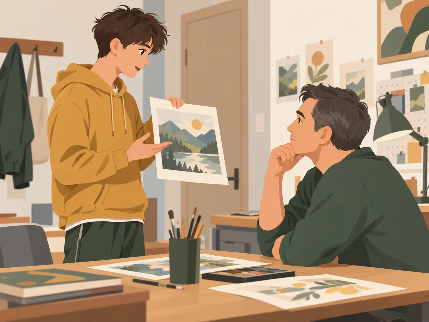 青少年男孩向父亲展示画作并讲述,父亲倾听