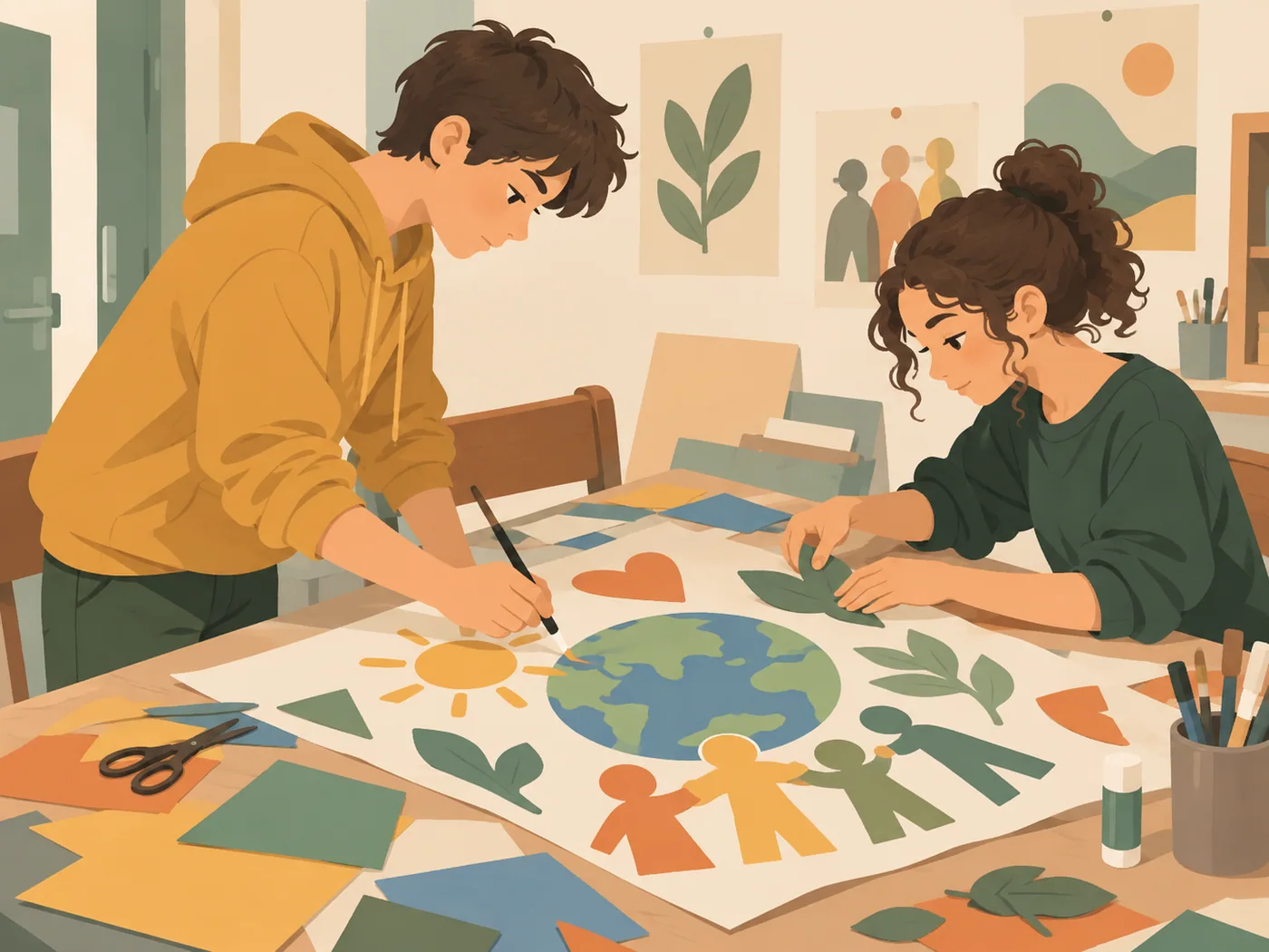 少年与同龄女孩共同制作主题图形作品,四手自然。