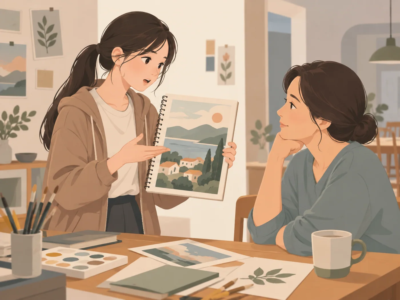 低马尾少女展示画作并向母亲讲述,母亲倾听