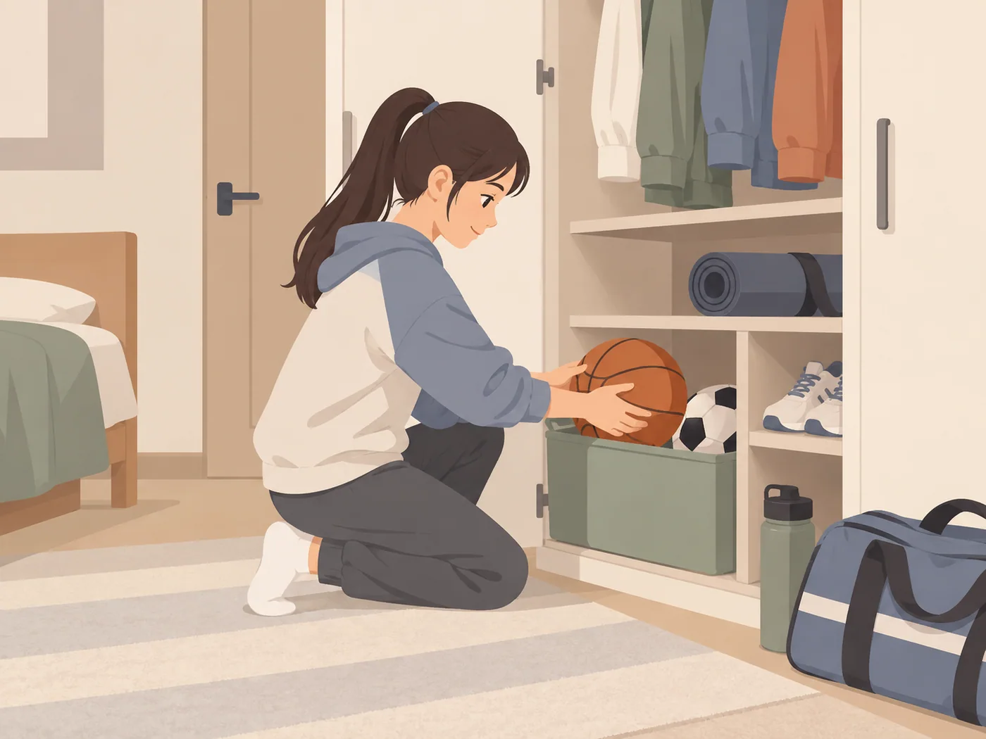 少女跪在衣柜前,双手把篮球放进收纳篮,柜中有衣物、鞋子和运动用品。