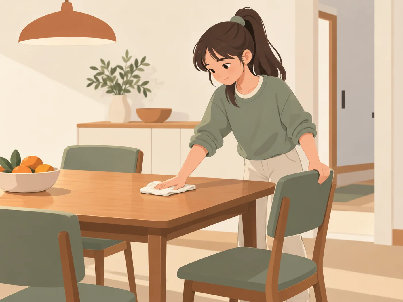 少女站在餐桌边，一手用抹布擦桌面，另一手扶着餐椅，桌上放着水果碗。