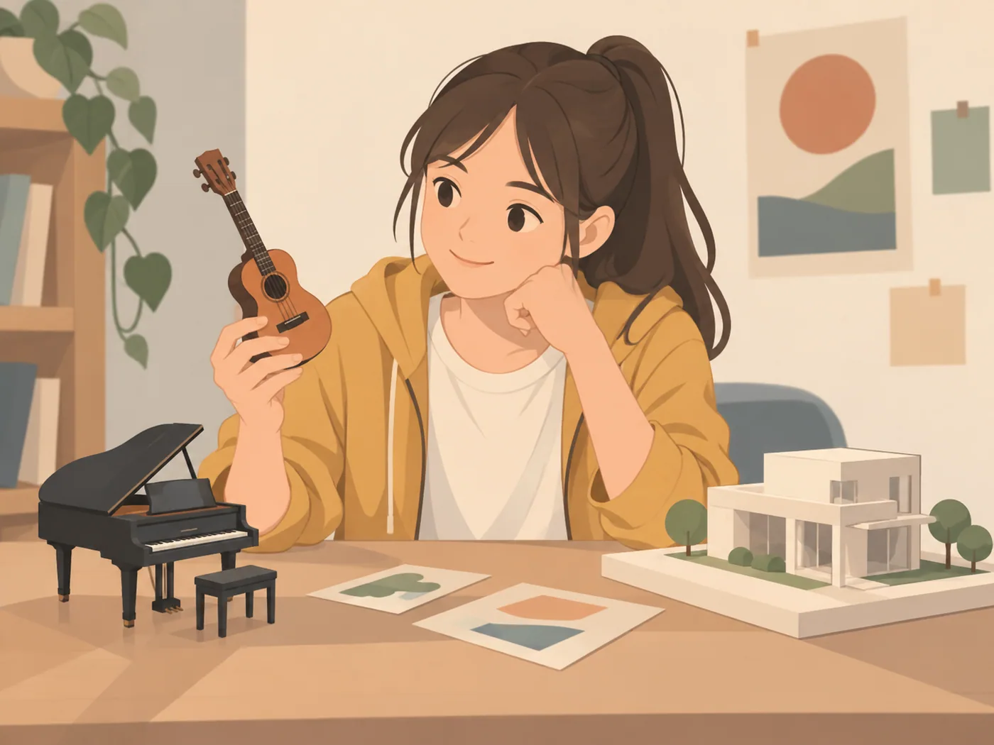 少女坐在桌边，一手拿着小吉他模型、另一手托腮，桌上有钢琴模型、房屋模型和图案卡片。