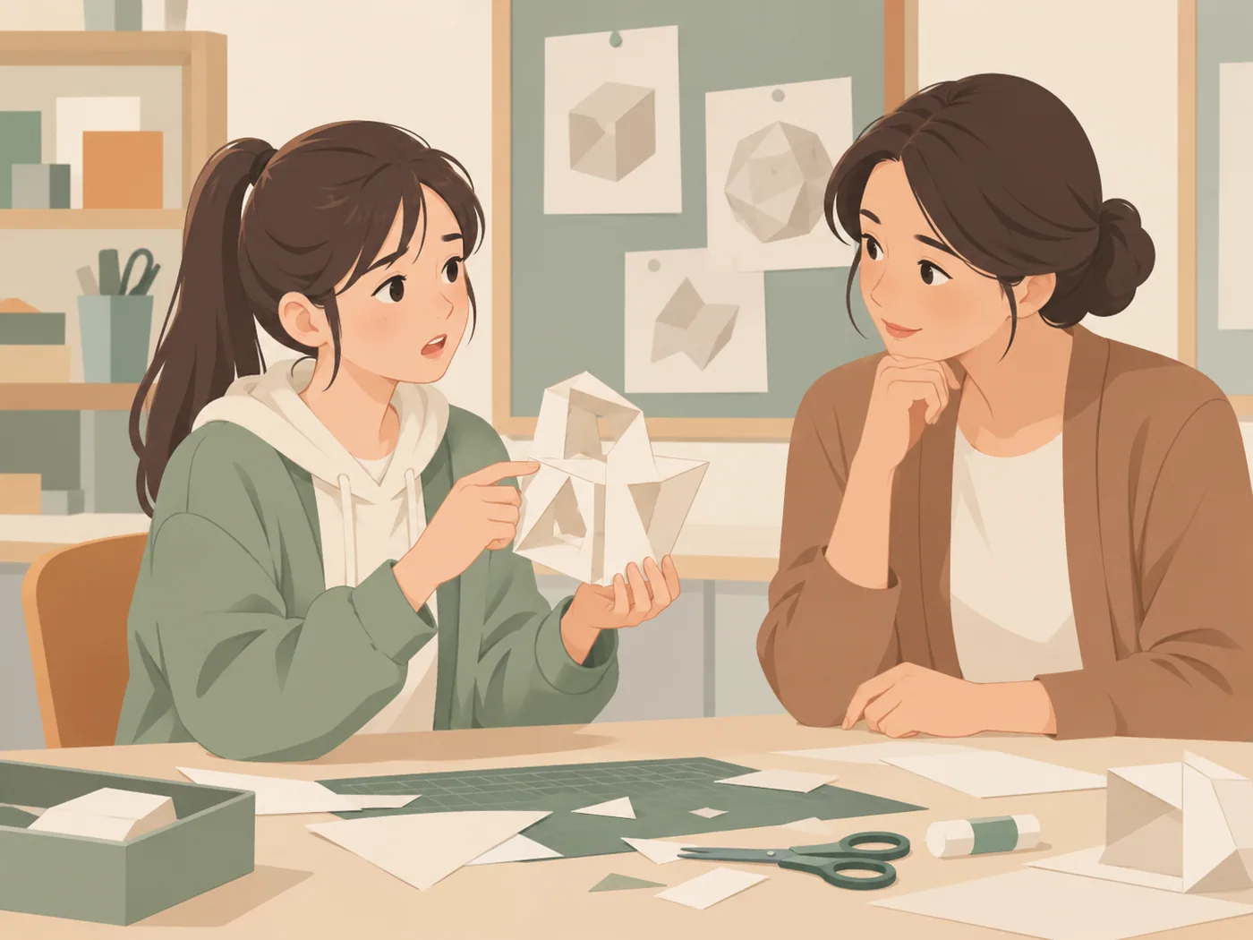 少女和成年女教师在手工桌边交谈，少女一手拿立体纸模型、另一手指着模型，教师一手托腮、另一手放桌面看着。