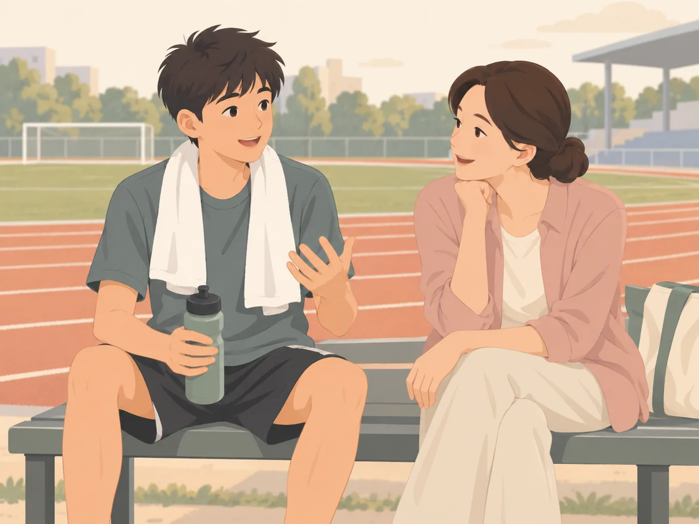 少年与成年女性坐在运动场边，少年一手拿水瓶、一手作交流手势，对方托腮观看