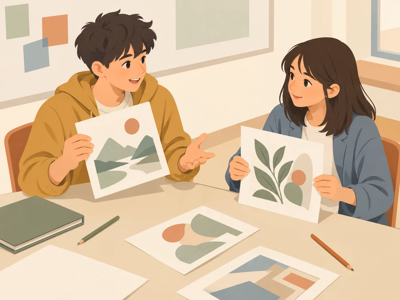 少年一手举几何风景画、一手摊开交流，少女双手举植物画观看