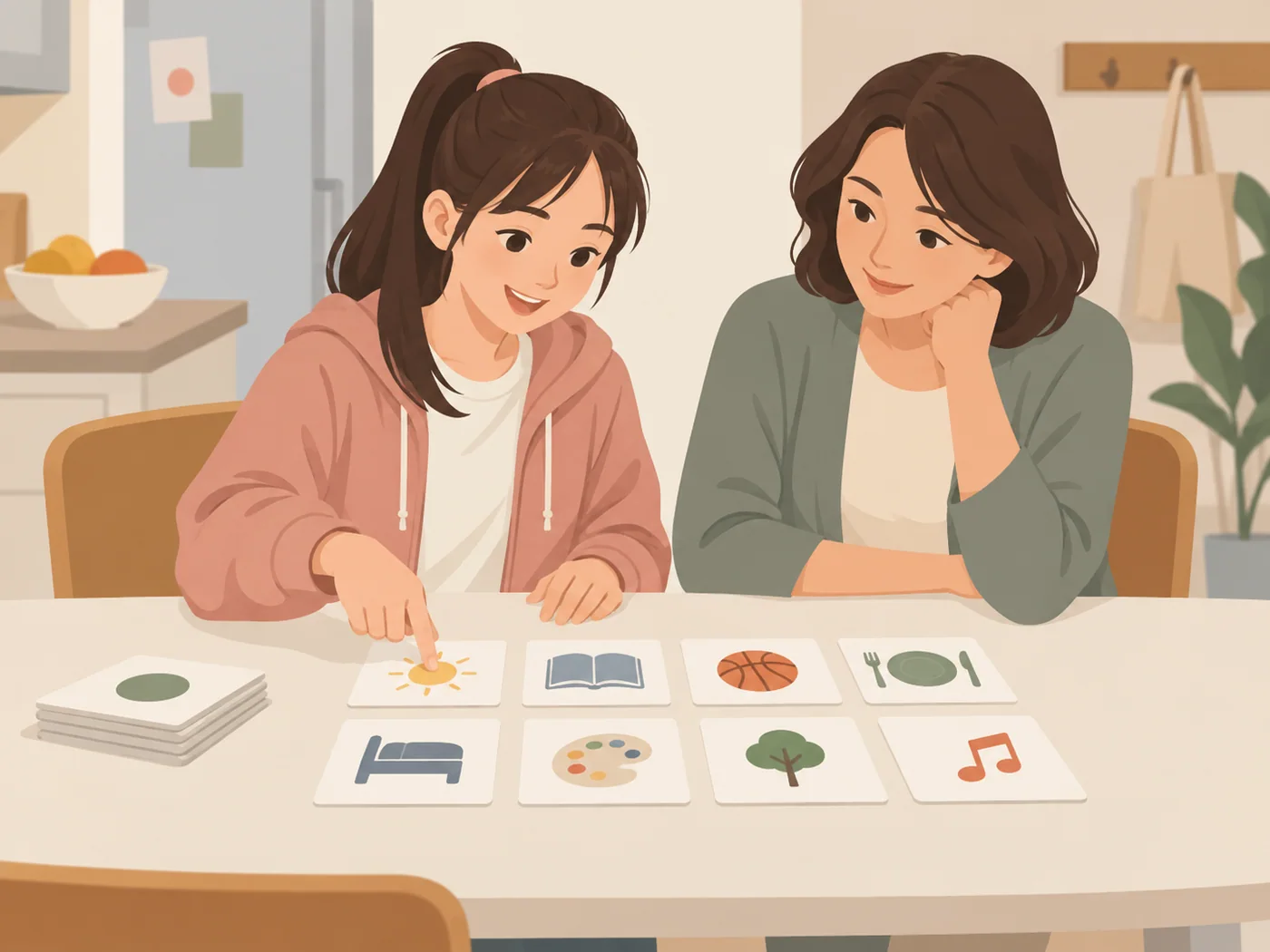 少女一手指向活动图卡、一手放在桌上，成年女性在旁一手托腮观看