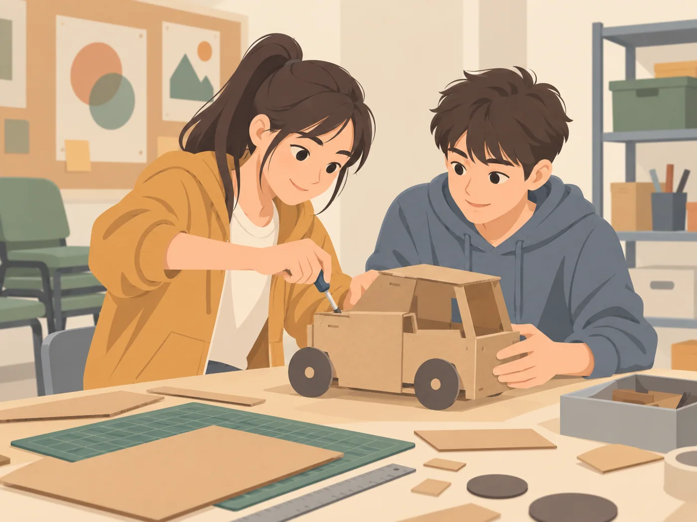 少女一手使用小工具、一手扶着纸板车，少年在旁双手扶车，桌上有纸板与尺子