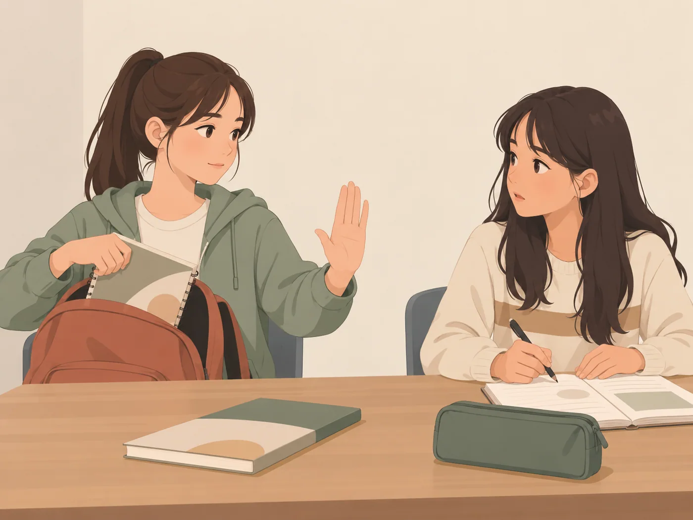 两名青少年外观女孩坐在桌旁