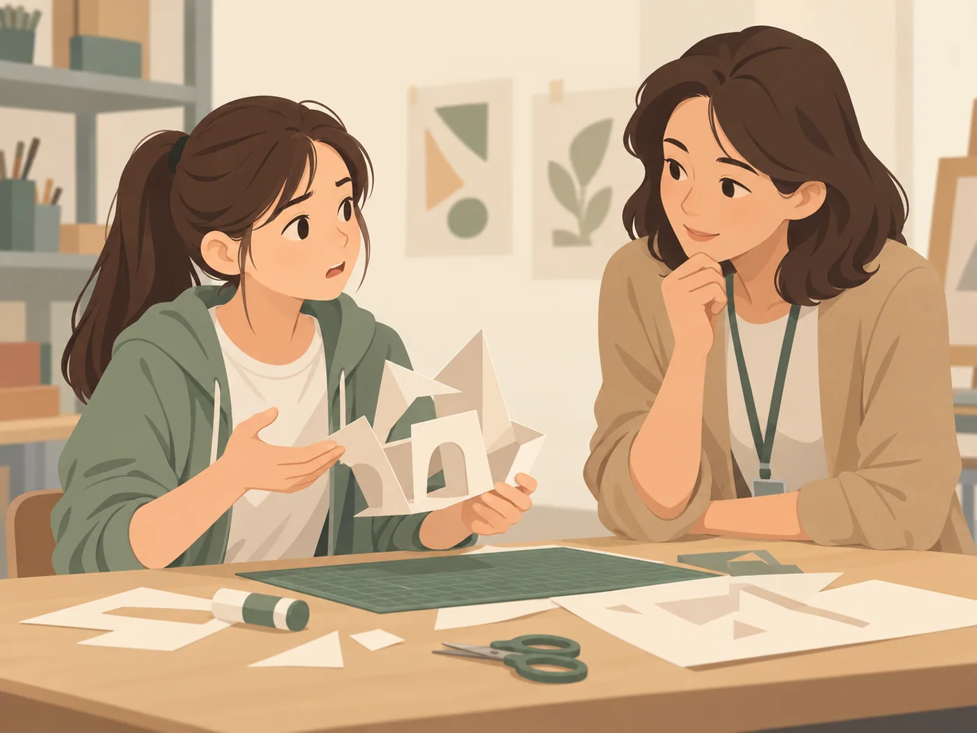青少年外观女孩拿着纸板建筑模型向佩挂绳的成年女性示意,成年女性托腮观看。