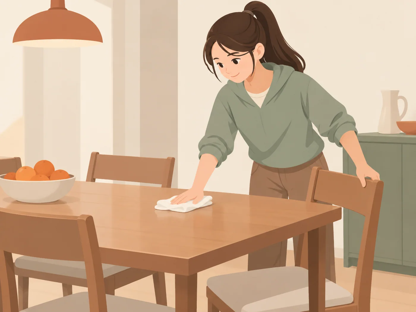 青少年女孩用布擦餐桌,另一只手扶着椅背,桌上放着水果碗。