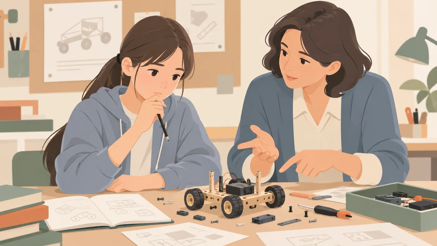 青少年女孩和教师讨论模型困难，表情思考