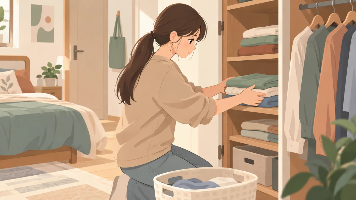 低马尾少女整理衣物进衣柜，动作清楚。