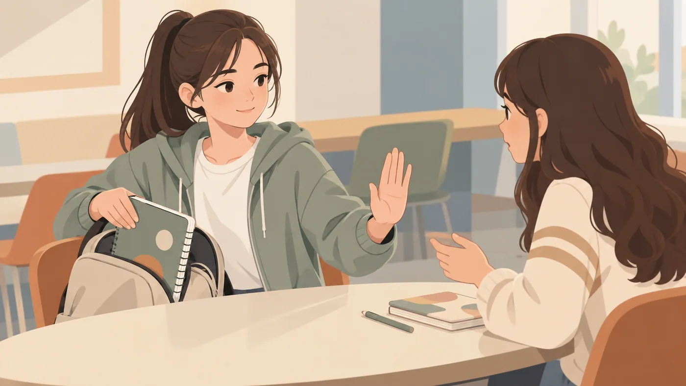 两名少女在桌边交谈，一人一手从背包处拿着本子，另一手掌向前抬起，另一人面向她抬手回应。