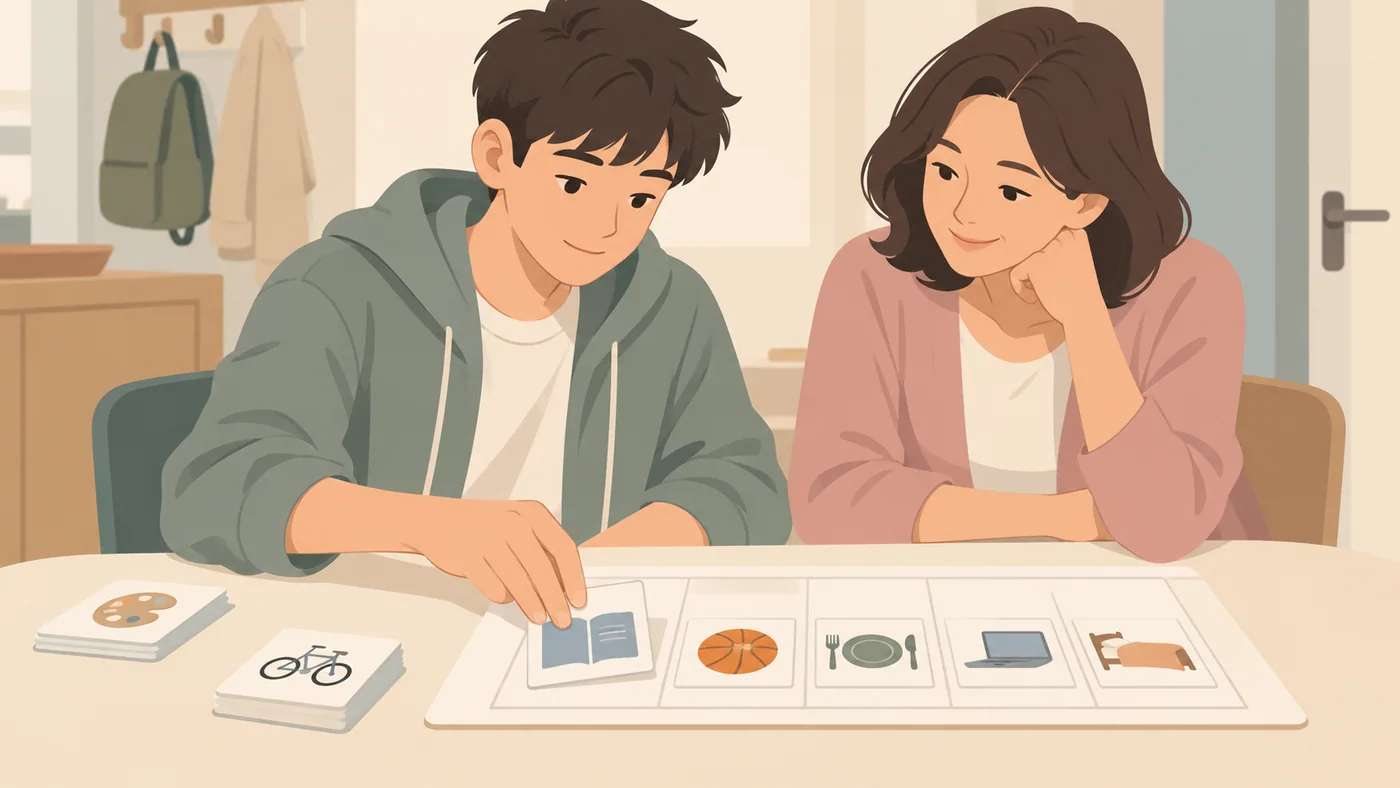 少年在桌前摆放图案活动卡片，成年女性在旁托腮观看安排板
